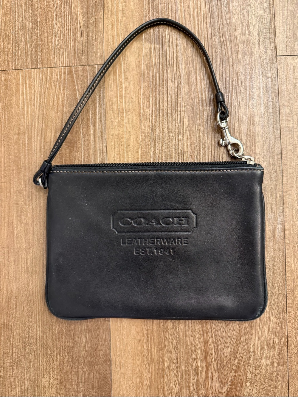 Coach Black Leather Wristlet with Embossed Logo